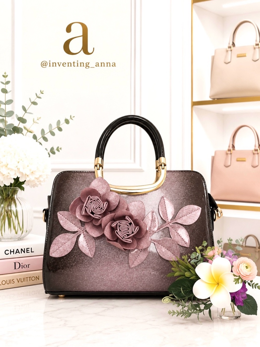 Plum and Pink Ombré Floral Appliqué Top-Handle Bag w/Gold Hardware